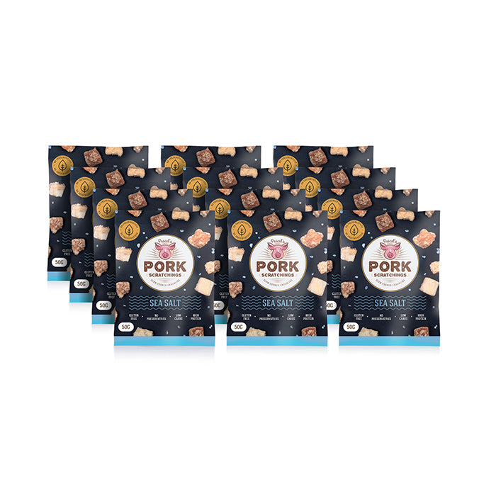 12 x 50g Packets - Pascal's Pork Scratchings are high protein, low carbs, premium ready to eat pork crackling, that is hand cut & slow cooked with no preservatives and  100% Australian Made. 